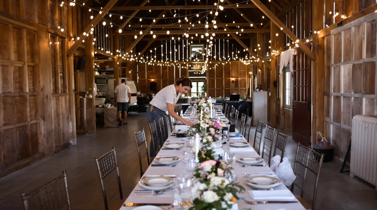 A planner setting flowers on a long banquet table
