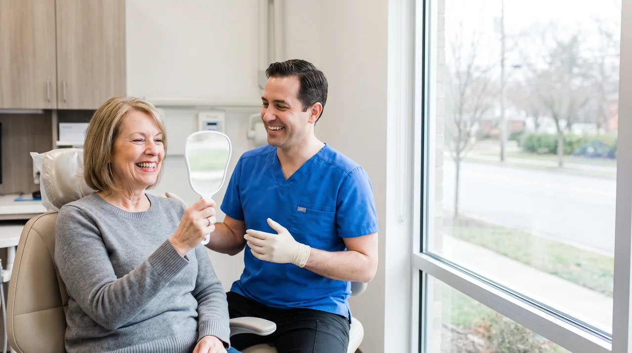 A smiling patient checking her teeth in a mirror beside her dentist