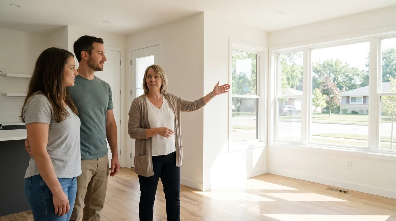 An agent showing a couple through a bright, empty home